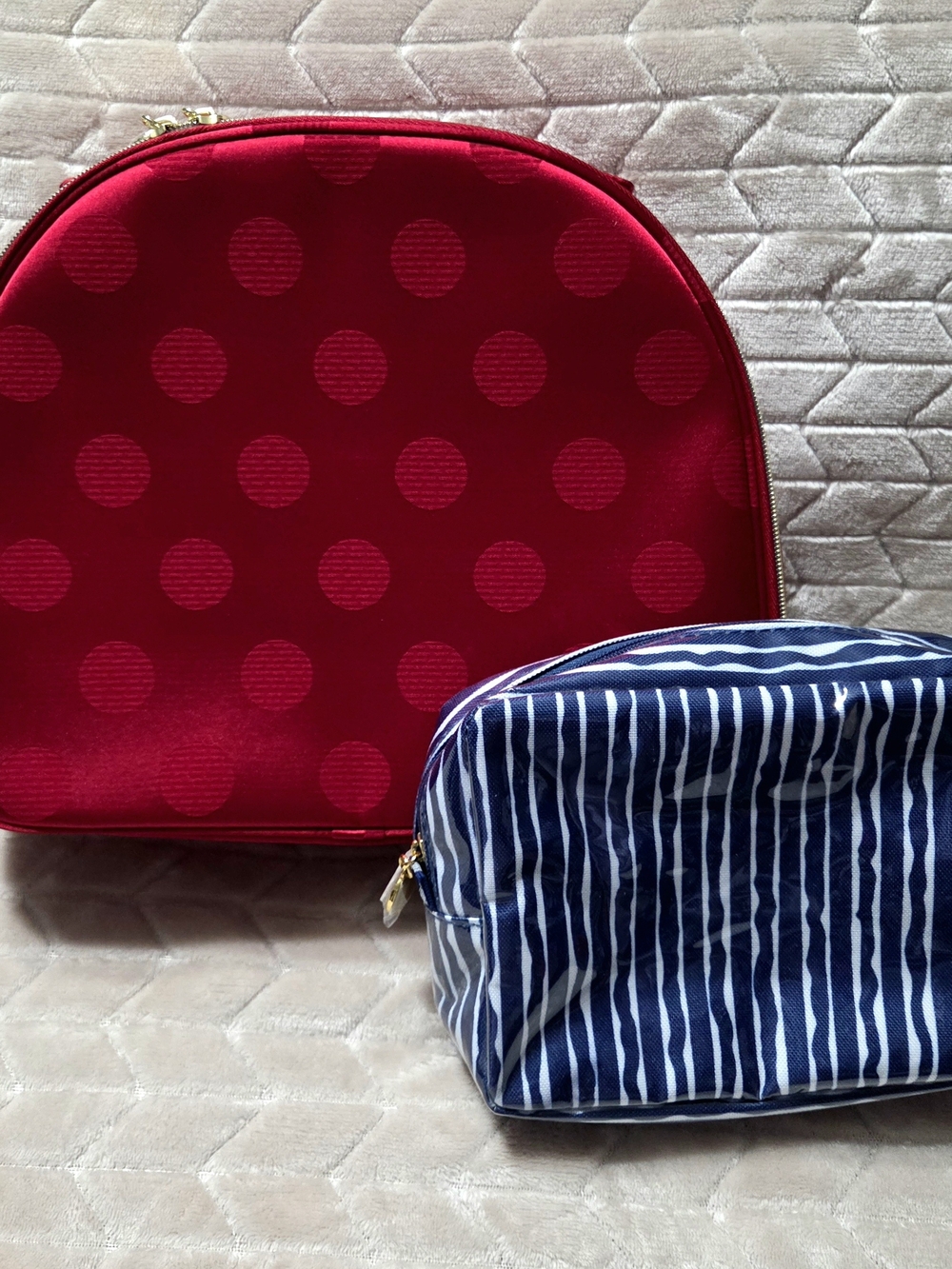 Estee Lauder Red Polka Dot and Blue Striped Cosmetic Pouches- NWOT